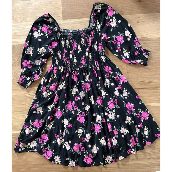 torrid Dresses & Skirts - NWT Torrid Black Pink Floral Smock Midi Dress 2 Milkmaid Peasant Puff 3/4 Sleeve